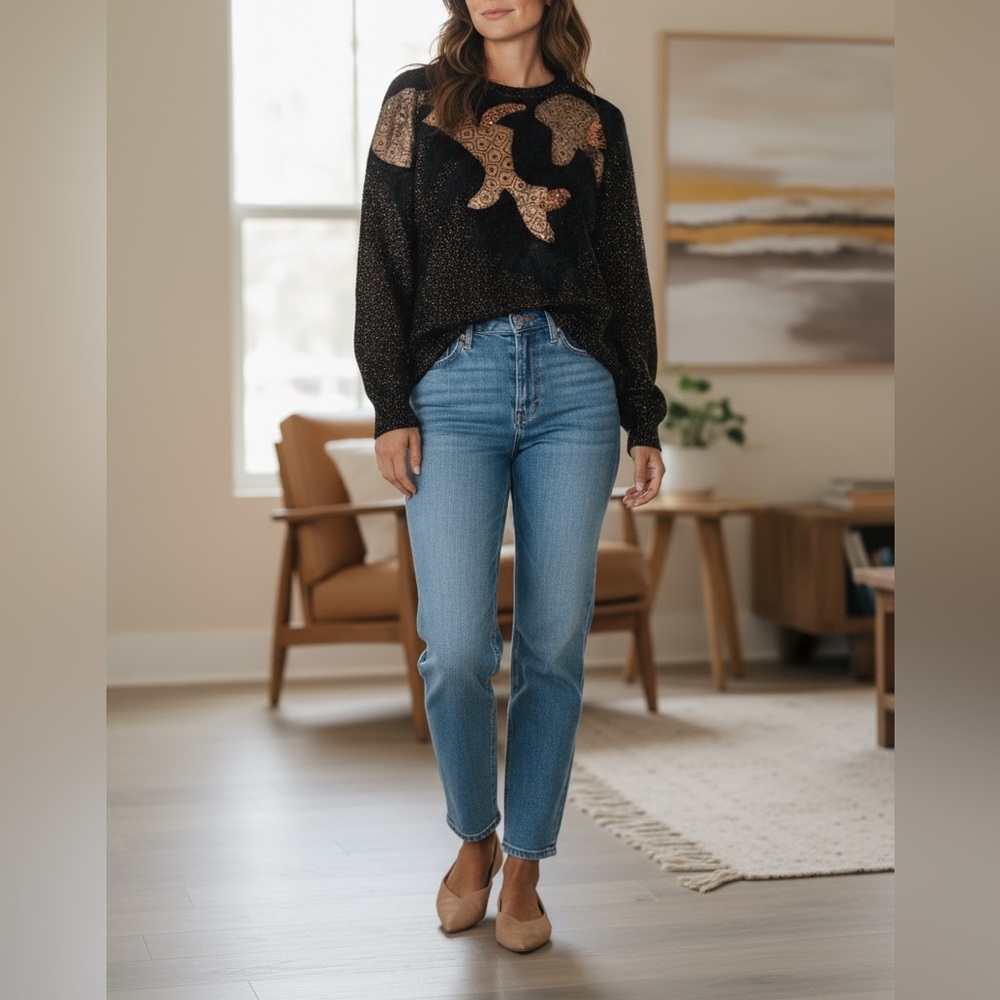 Cache Sweater Womens Small Vintage Black Pullover rose Gold‎ Lambswool Angora